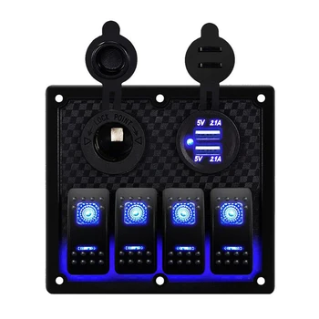 4 Банды Синих светодиодных кнопок с перекидным переключателем, панель управления, двойной USB-порт, зарядное устройство, Автоматический выключатель, переключение Легковых автомобилей, грузовиков, морских лодок
