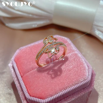 SYOUJYO Модное женское кольцо с хрустальным цветком, Романтическое розовое золото 585 пробы, блестящий натуральный циркон, винтажные свадебные украшения для невесты