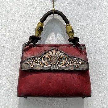 Женская сумка-тоут с верхней ручкой, Винтажная женская кожаная сумка в Китайском стиле, высококачественные женские сумки через плечо с цветочным рисунком