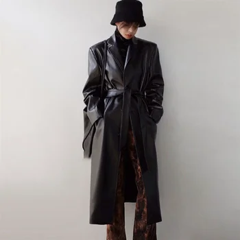 Осенний Длинный Черный Кожаный тренч Для женщин, Однобортная кожаная куртка Sashe, Стильная роскошная Дизайнерская одежда для женщин Q430
