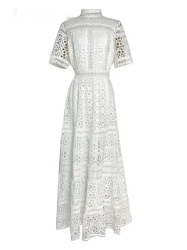 Открытые Белые кружевные платья для женщин, воротник-стойка, вышивка, Длинный рукав, Трапециевидная Складка, Винтажное платье, Женская Летняя мода 2023