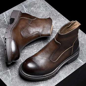 Повседневные ботинки Челси из натуральной кожи для зрелых мужчин на молнии в стиле ретро, зимняя модная обувь из воловьей кожи в английском стиле